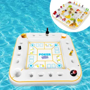 Elcoho 55 x 55 Inch Extra Large Inflatable Game Table with Waterproof Playing Cards Floating Pool Table Drink Holder Inflatable Ice Serving Tray Buffet Bar for Pool Summer Party, White