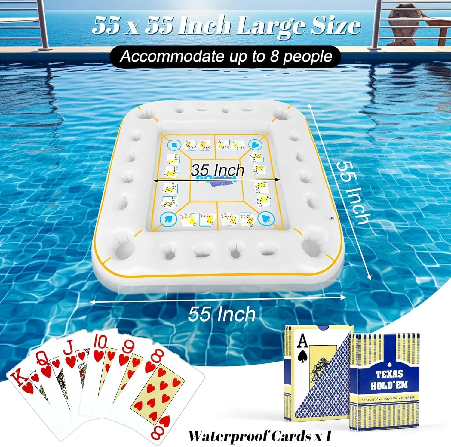 Elcoho 55 x 55 Inch Extra Large Inflatable Game Table with Waterproof Playing Cards Floating Pool Table Drink Holder Inflatable Ice Serving Tray Buffet Bar for Pool Summer Party, White