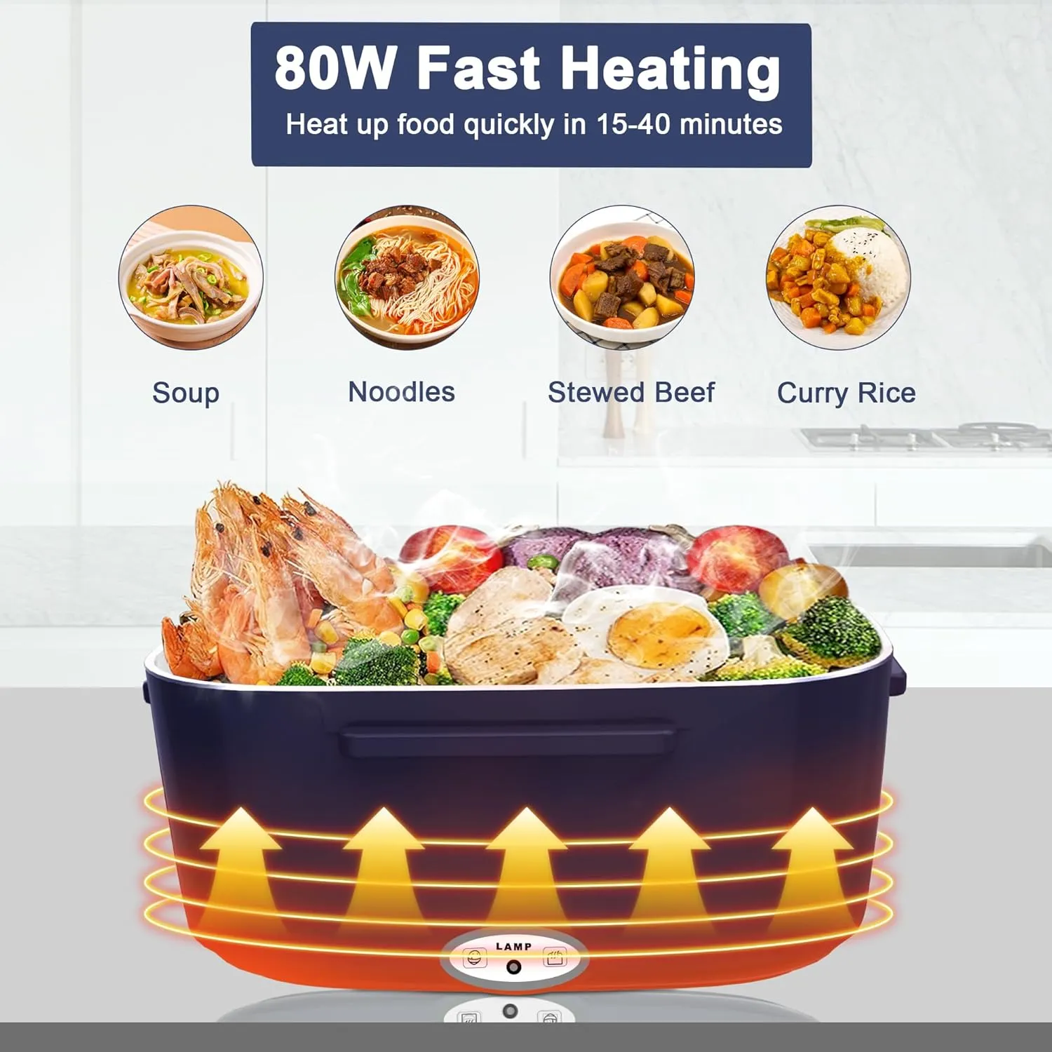 Electric Heated Lunch Boxes Adults: 80W Electric Lunch Box Food Heated 12/24/110V 1.5L Heatable Lunch Box for Car/Truck/Office Leak-Proof Stainless Steel Container, Fork & Spoon, Bag (Blue White)