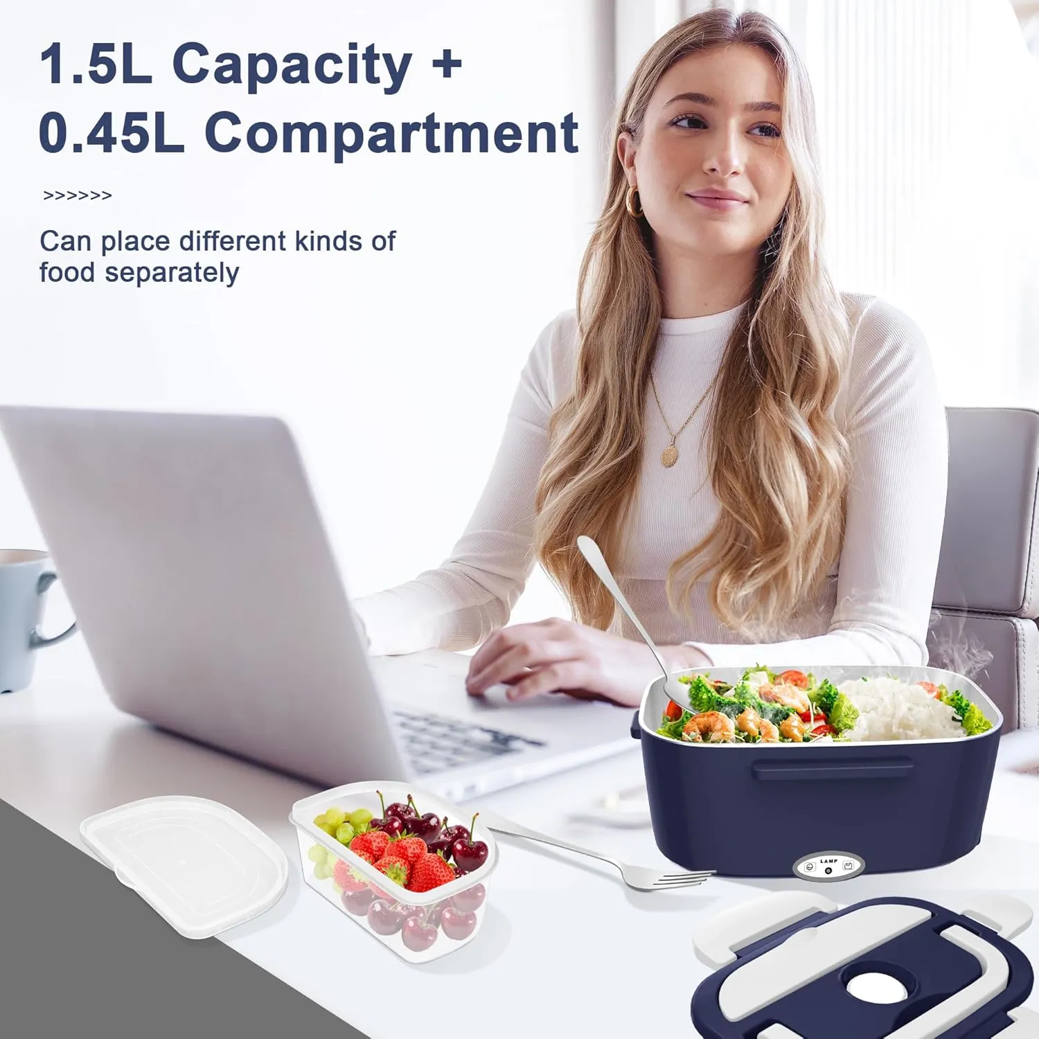 Electric Heated Lunch Boxes Adults: 80W Electric Lunch Box Food Heated 12/24/110V 1.5L Heatable Lunch Box for Car/Truck/Office Leak-Proof Stainless Steel Container, Fork & Spoon, Bag (Blue White)