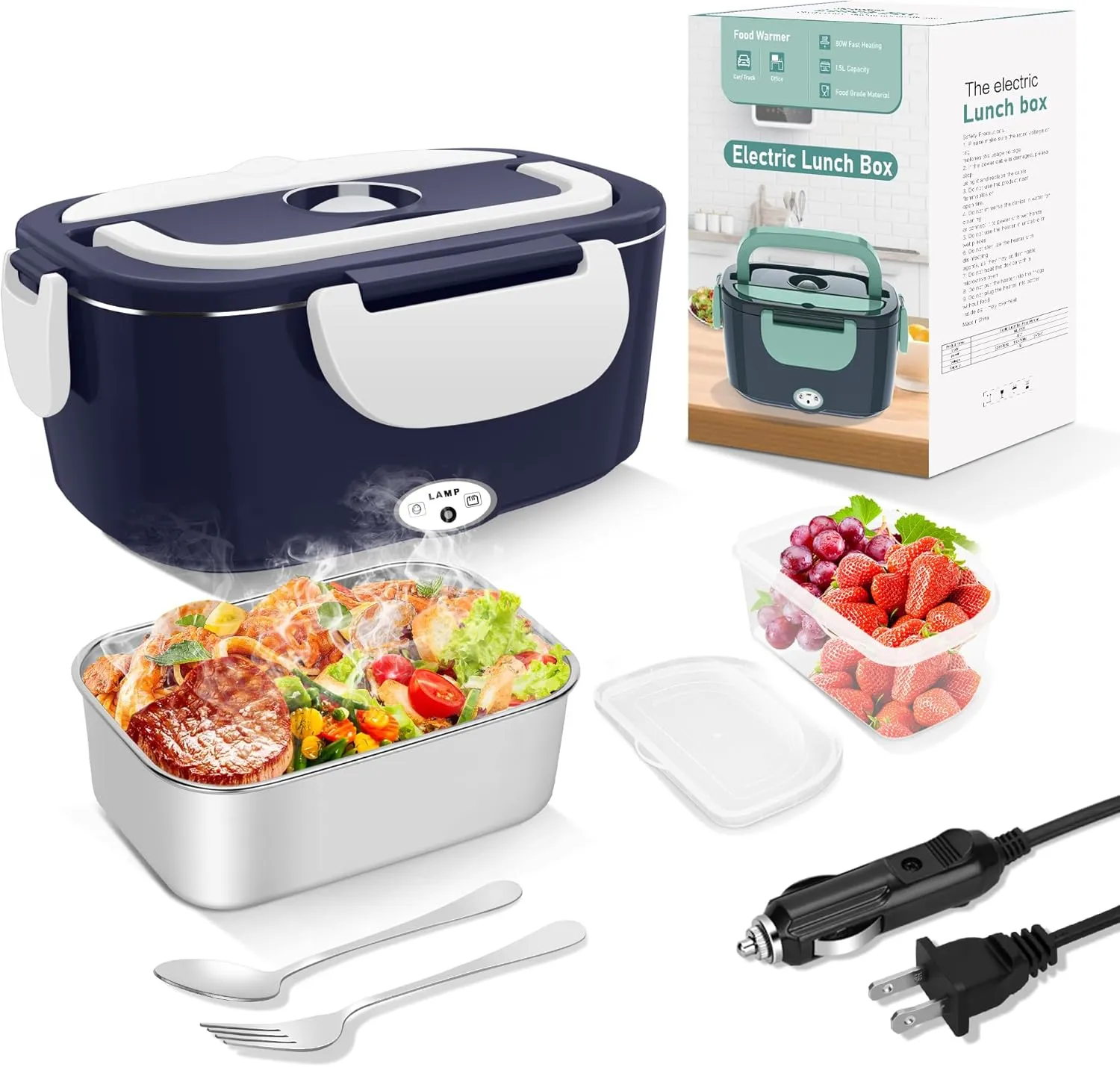 Electric Heated Lunch Boxes Adults: 80W Electric Lunch Box Food Heated 12/24/110V 1.5L Heatable Lunch Box for Car/Truck/Office Leak-Proof Stainless Steel Container, Fork & Spoon, Bag (Blue White)