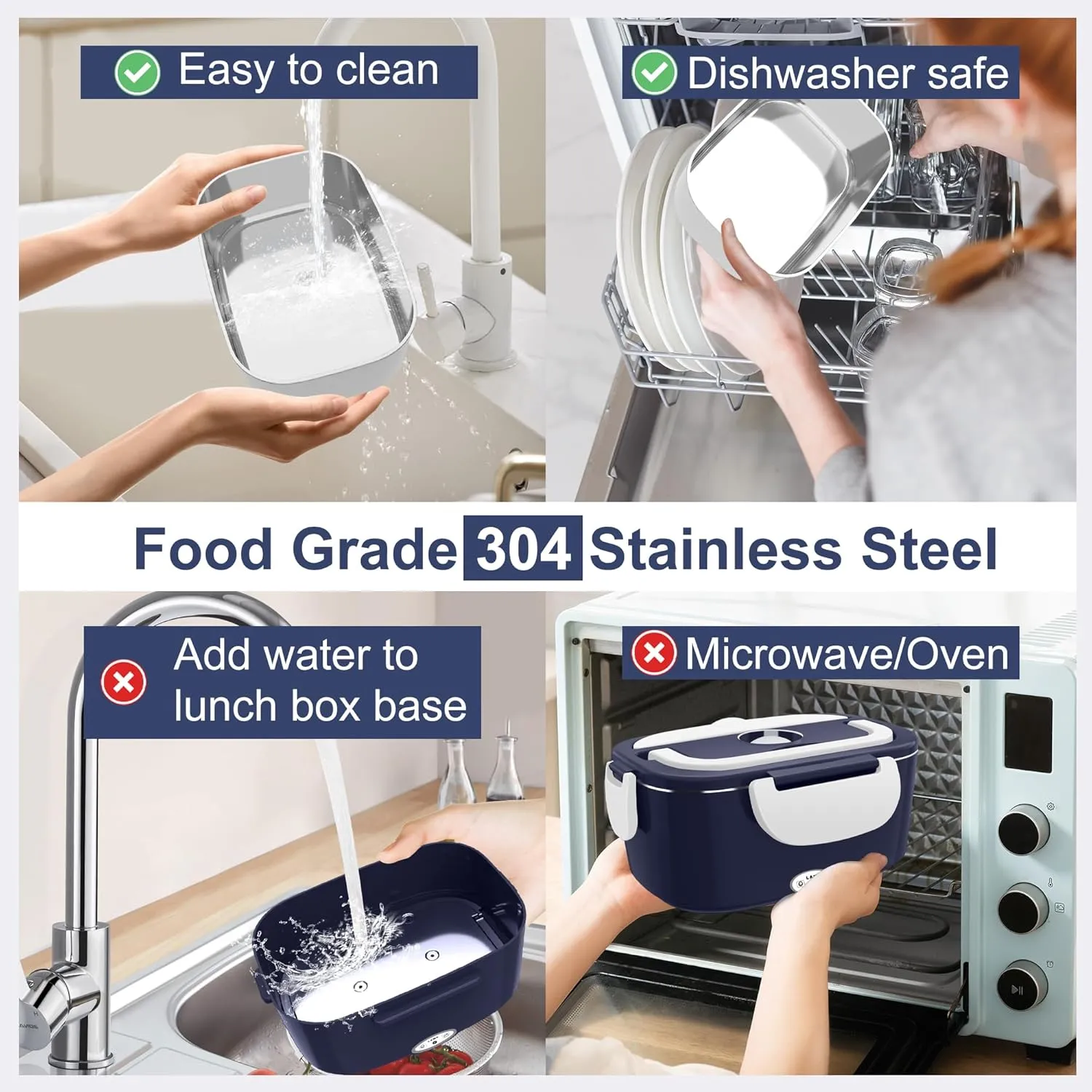 Electric Heated Lunch Boxes Adults: 80W Electric Lunch Box Food Heated 12/24/110V 1.5L Heatable Lunch Box for Car/Truck/Office Leak-Proof Stainless Steel Container, Fork & Spoon, Bag (Blue White)