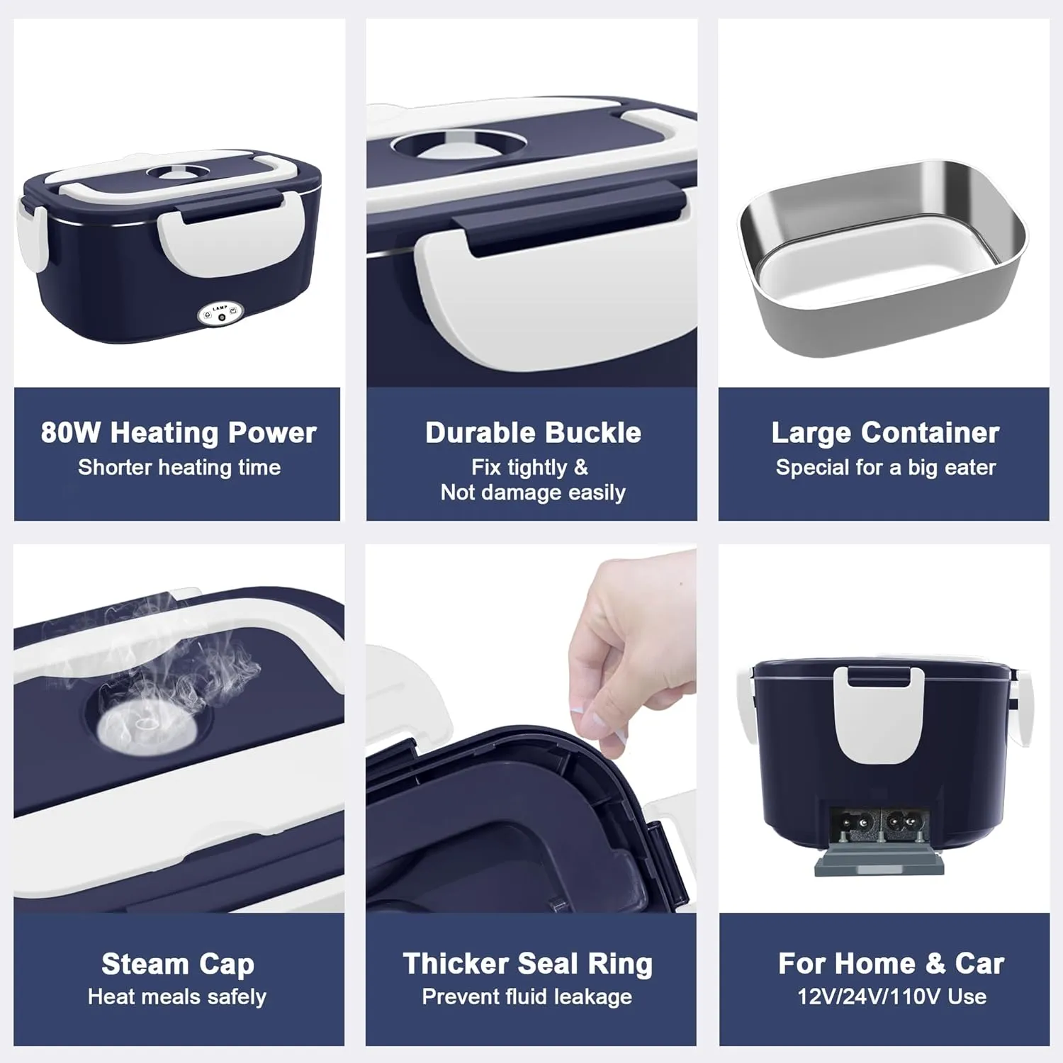 Electric Heated Lunch Boxes Adults: 80W Electric Lunch Box Food Heated 12/24/110V 1.5L Heatable Lunch Box for Car/Truck/Office Leak-Proof Stainless Steel Container, Fork & Spoon, Bag (Blue White)