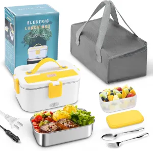 Electric Lunch Box 80W Portable Food Heater, 3-in-1 12V/24V/110V Leak Proof with 1.8L 304 Stainless Steel Container, fork,Spoon and Insulated Handbag,for Car Truck Home Office
