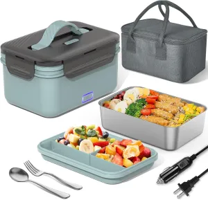 Electric Lunch Box Food Heater 100W, 4 in 1 Ultra Quick Heated Lunch Boxes for Adults 12V/24V/110V/220V Portable Food Warmer for Car/Truck/Office With Fork Spoon and Insulated Carry Bag