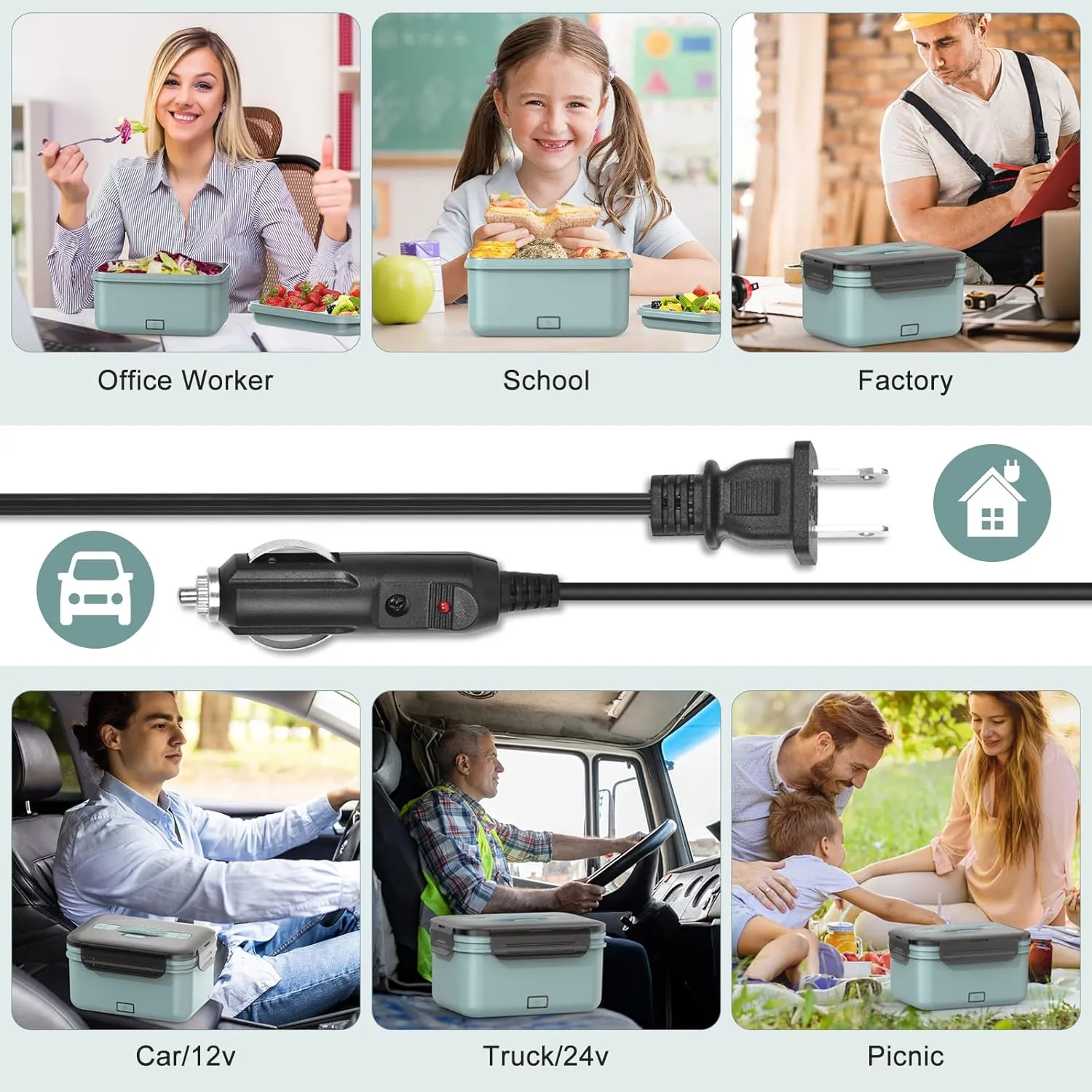 Electric Lunch Box Food Heater 100W, 4 in 1 Ultra Quick Heated Lunch Boxes for Adults 12V/24V/110V/220V Portable Food Warmer for Car/Truck/Office With Fork Spoon and Insulated Carry Bag