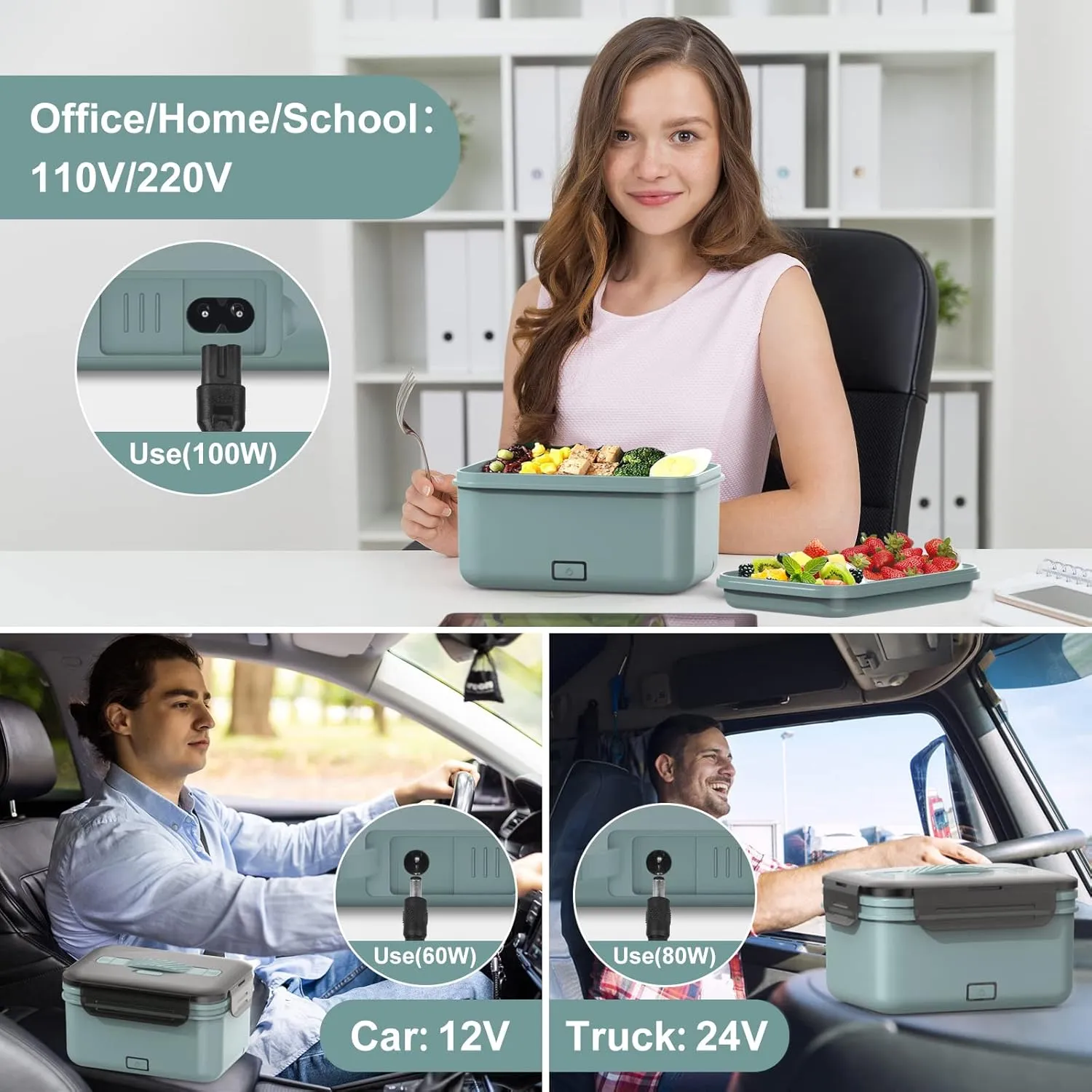Electric Lunch Box Food Heater 100W, 4 in 1 Ultra Quick Heated Lunch Boxes for Adults 12V/24V/110V/220V Portable Food Warmer for Car/Truck/Office With Fork Spoon and Insulated Carry Bag