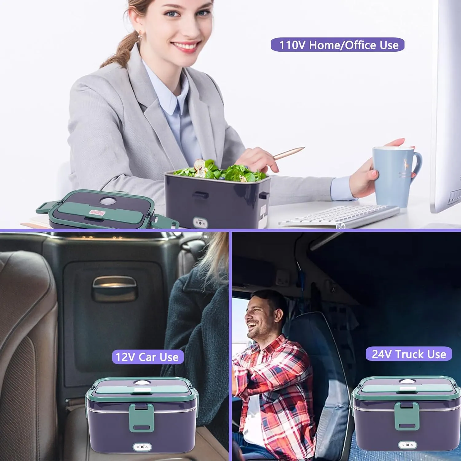 Electric Lunch Box Food Heater, 2 in 1 Heated Lunch Box for Car Truck Home Work Adults Food Heating, Leak Proof, 1.8L Removable Stainless Steel Container, 110V/12V/24V 80W