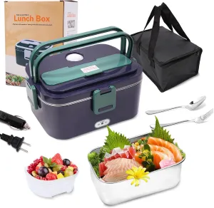Electric Lunch Box Food Heater, 2 in 1 Heated Lunch Box for Car Truck Home Work Adults Food Heating, Leak Proof, 1.8L Removable Stainless Steel Container, 110V/12V/24V 80W