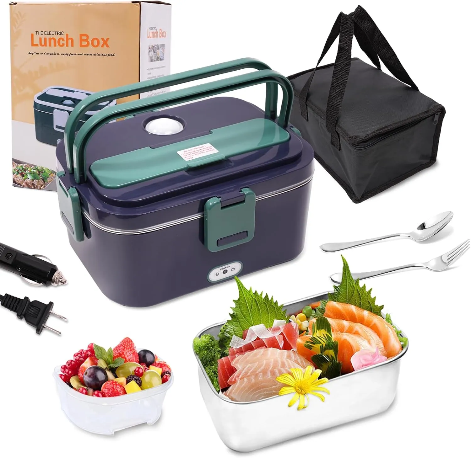 Electric Lunch Box Food Heater, 2 in 1 Heated Lunch Box for Car Truck Home Work Adults Food Heating, Leak Proof, 1.8L Removable Stainless Steel Container, 110V/12V/24V 80W