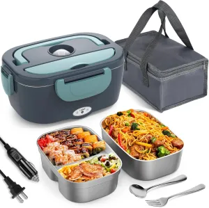 Electric Lunch Box Food Heater, 3 in 1 Ultra Quick Heated Lunch Boxes for Adults, 12V/24V/110V Portable Food Warmer for Car/Truck/Office With Fork Spoon and Insulated Carry Bag
