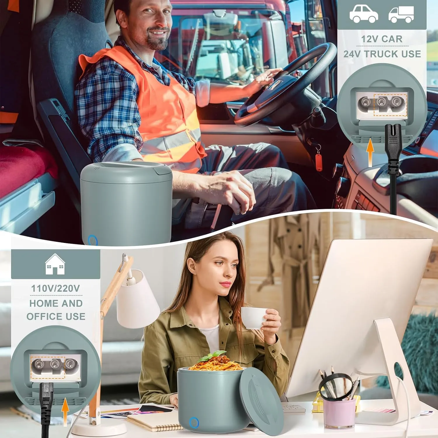 Electric Lunch Box for Adults, 41-Ounce Portable Food Warmer, 100W Leakproof Heated Lunch Box with Insulated Bag Fork Spoon for Car/Truck/Home/Work, 12V/24V/110V, Green