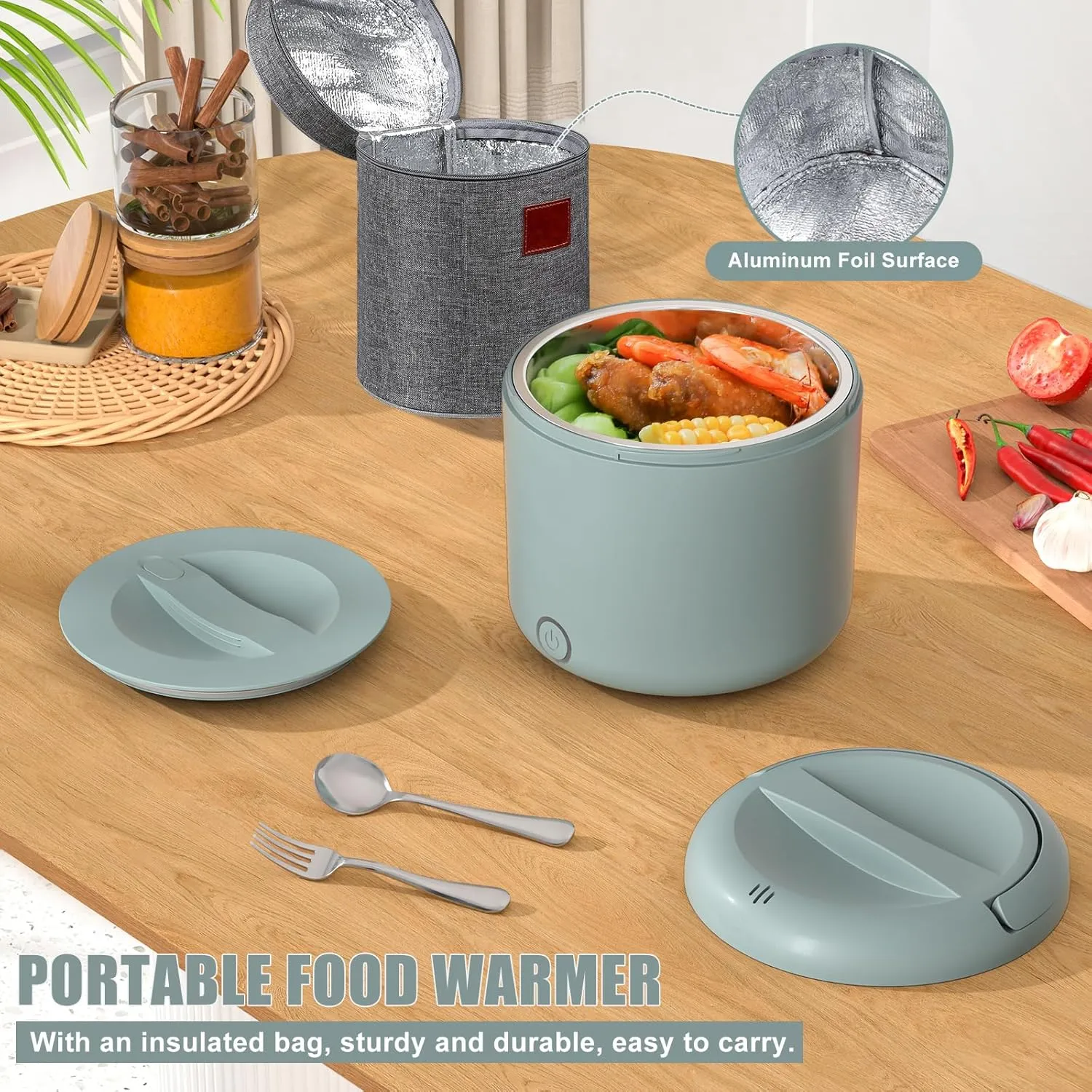 Electric Lunch Box for Adults, 41-Ounce Portable Food Warmer, 100W Leakproof Heated Lunch Box with Insulated Bag Fork Spoon for Car/Truck/Home/Work, 12V/24V/110V, Green