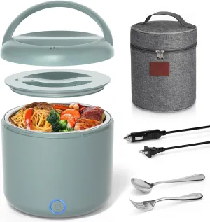 Electric Lunch Box for Adults, 41-Ounce Portable Food Warmer, 100W Leakproof Heated Lunch Box with Insulated Bag Fork Spoon for Car/Truck/Home/Work, 12V/24V/110V, Green