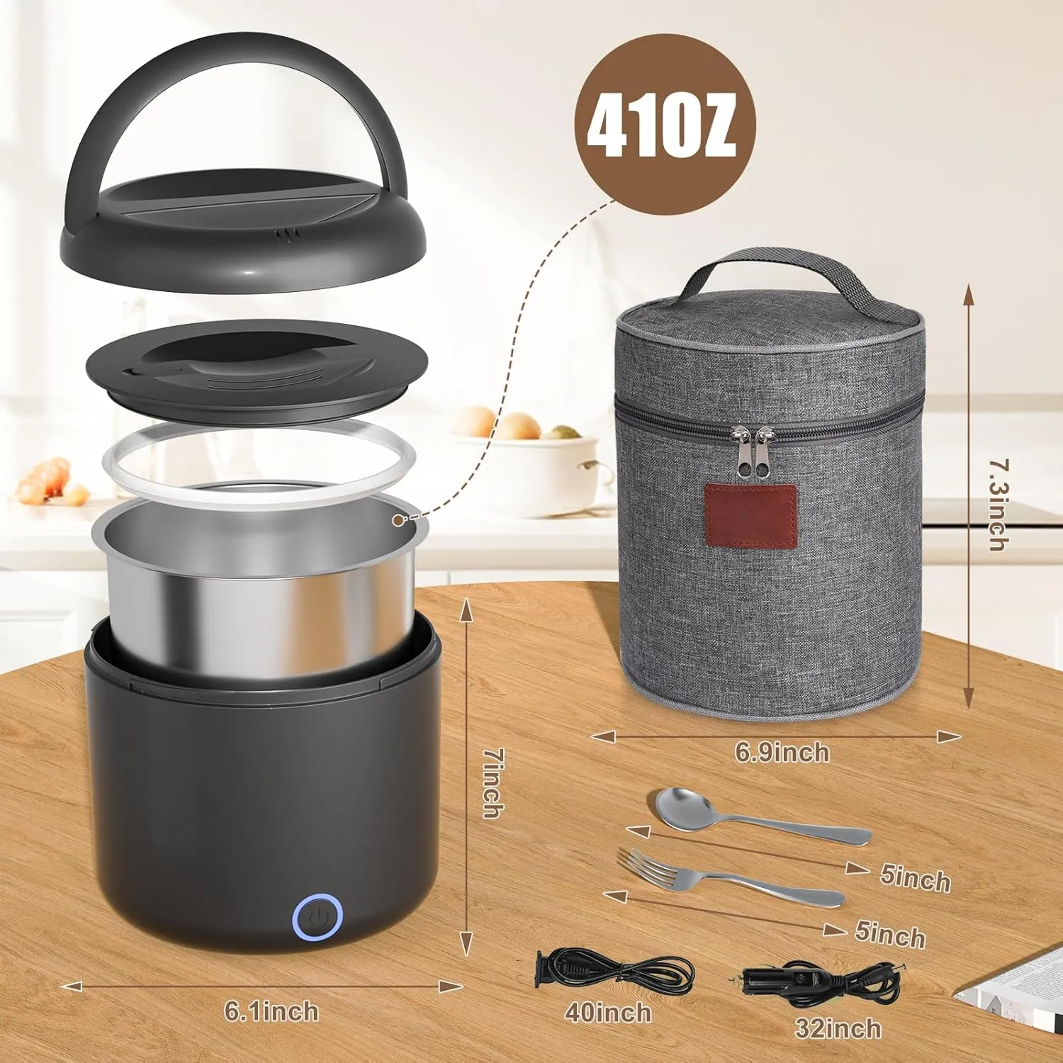 Electric Lunch Box for Adults, 41-Ounce Portable Food Warmer, 100W Leakproof Heated Lunch Box with Insulated Bag Fork Spoon for Car/Truck/Home/Work, 12V/24V/110V