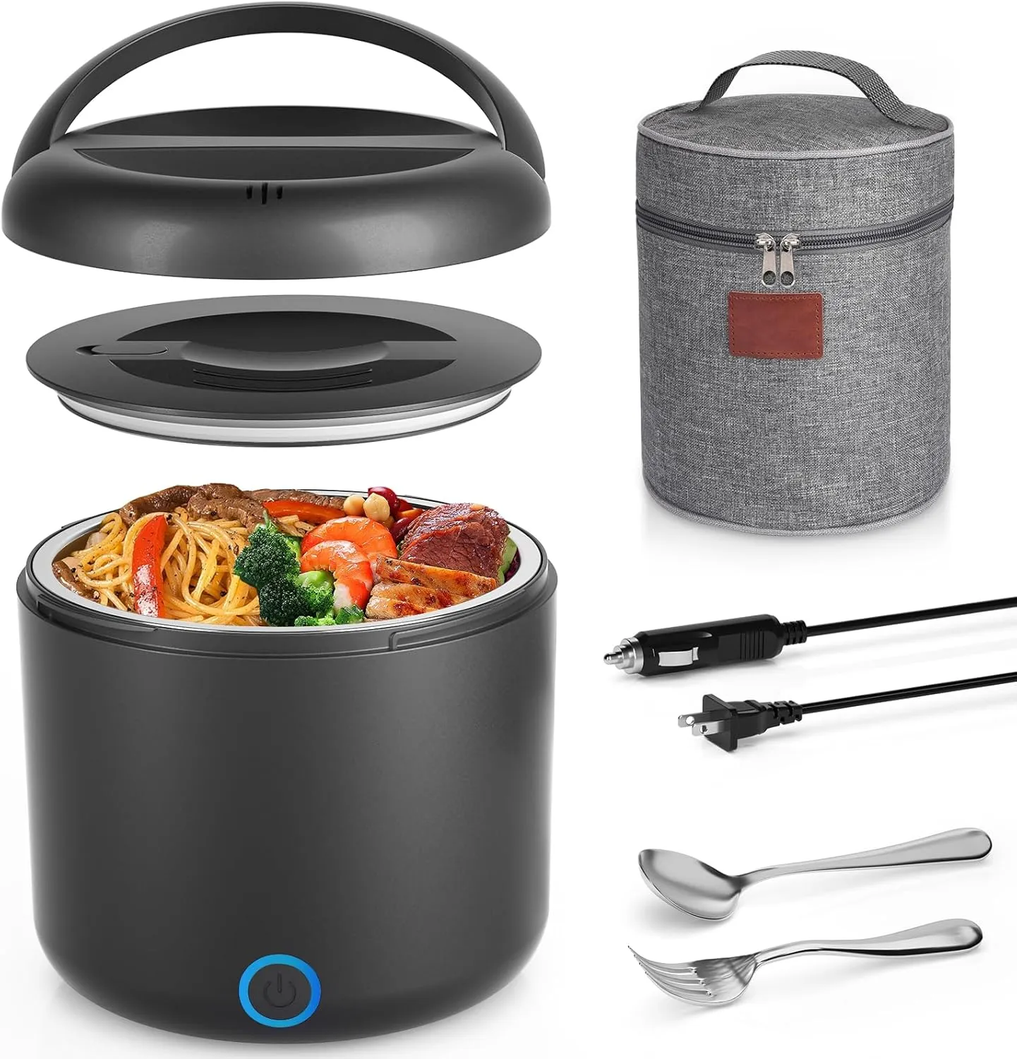 Electric Lunch Box for Adults, 41-Ounce Portable Food Warmer, 100W Leakproof Heated Lunch Box with Insulated Bag Fork Spoon for Car/Truck/Home/Work, 12V/24V/110V