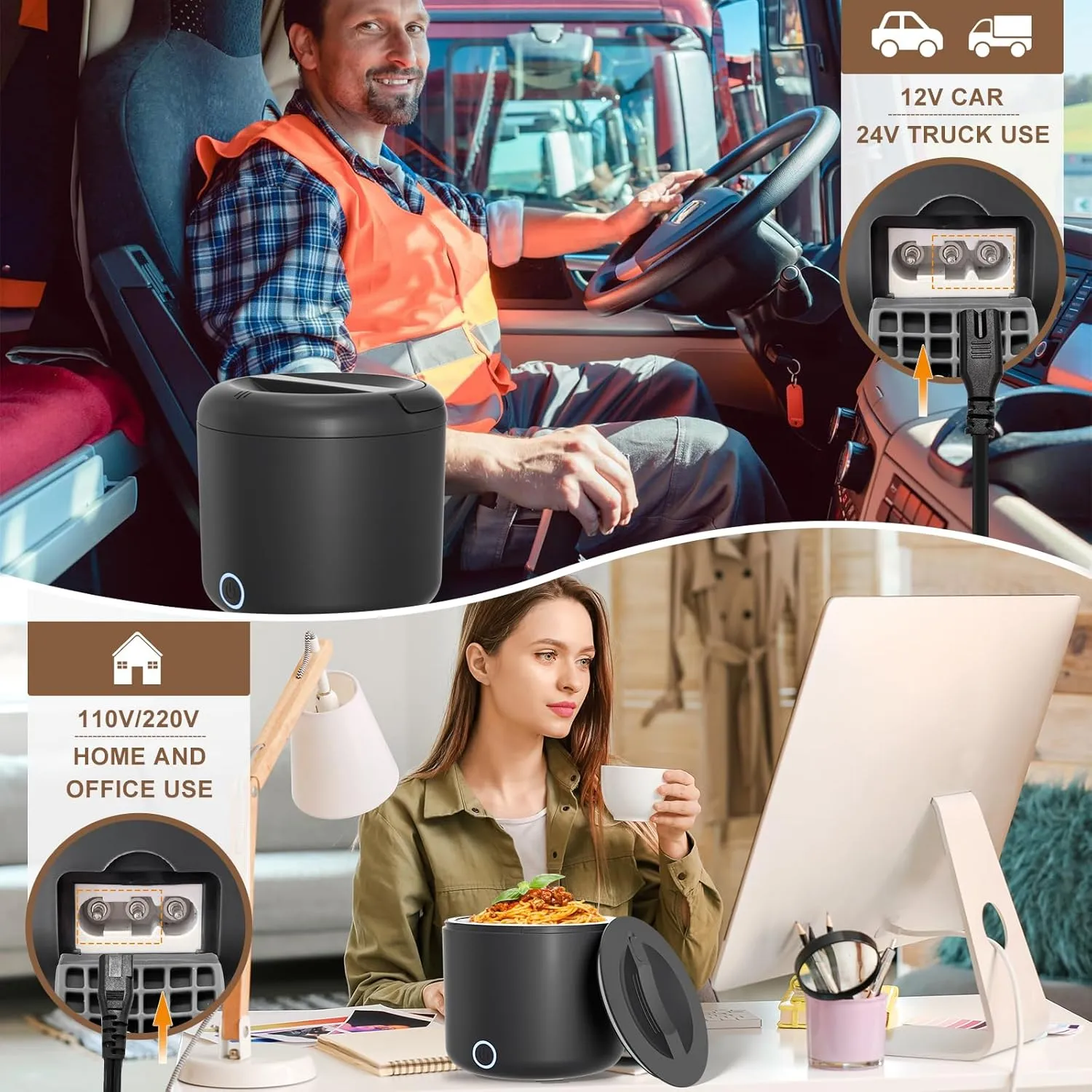 Electric Lunch Box for Adults, 41-Ounce Portable Food Warmer, 100W Leakproof Heated Lunch Box with Insulated Bag Fork Spoon for Car/Truck/Home/Work, 12V/24V/110V
