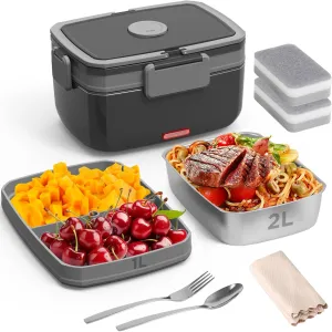 Electric Lunch Box for Adults – 90W Portable Food Warmer with 2L Stainless Steel & 1L Fruit Container, 12V/24V/110V Heated Lunch Box for Car, Truck, Office, Home