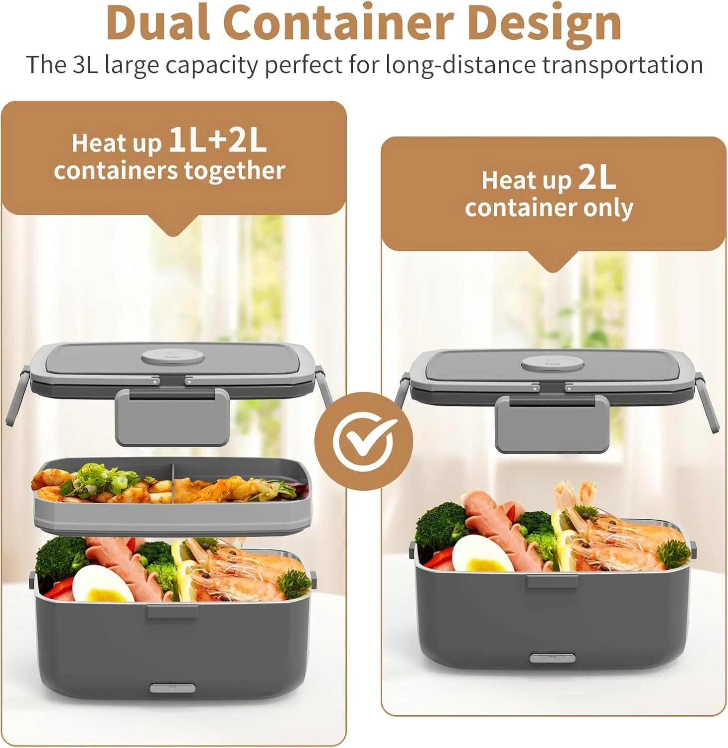 Electric Lunch Box for Adults – 90W Portable Food Warmer with 2L Stainless Steel & 1L Fruit Container, 12V/24V/110V Heated Lunch Box for Car, Truck, Office, Home