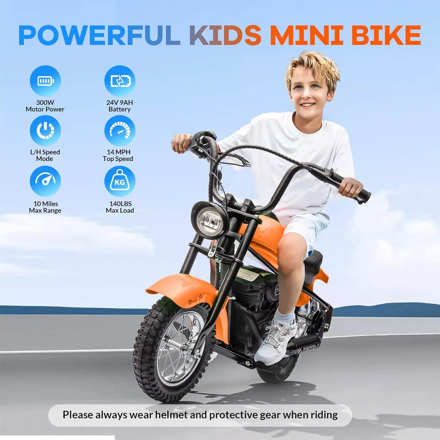 Electric Motorcycle for Kids, 24V 250W Dirt Bike, Two Speed Max Up to 14MPH & 60 Minutes Continuous, with Led Lights, Leather Seat, Rear Brake, Electric Motorbike for Kids/Teens, Orange