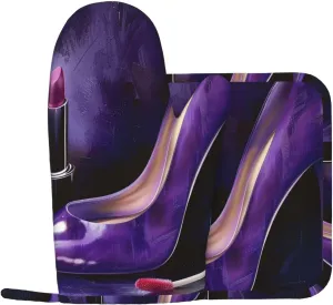 Elegant High Heels with Lipstick Prints Silicone Oven Mitts and Pot Holders Sets of 2 Heat Resistant Kitchen Gloves(Left) and Potholder for Picnic BBQ Cooking Baking