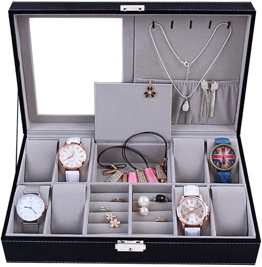 Elegant Large Watch Box Organizer for Men Women with 8 Slots, Transparent top, Portable Leather Watch Holder Mens Watches Case Storage Best Gift for The Husband, (Black,33 x 20 x 8cm)