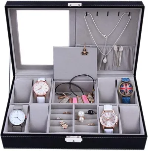 Elegant Large Watch Box Organizer for Men Women with 8 Slots, Transparent top, Portable Leather Watch Holder Mens Watches Case Storage Best Gift for The Husband, (Black,33 x 20 x 8cm)