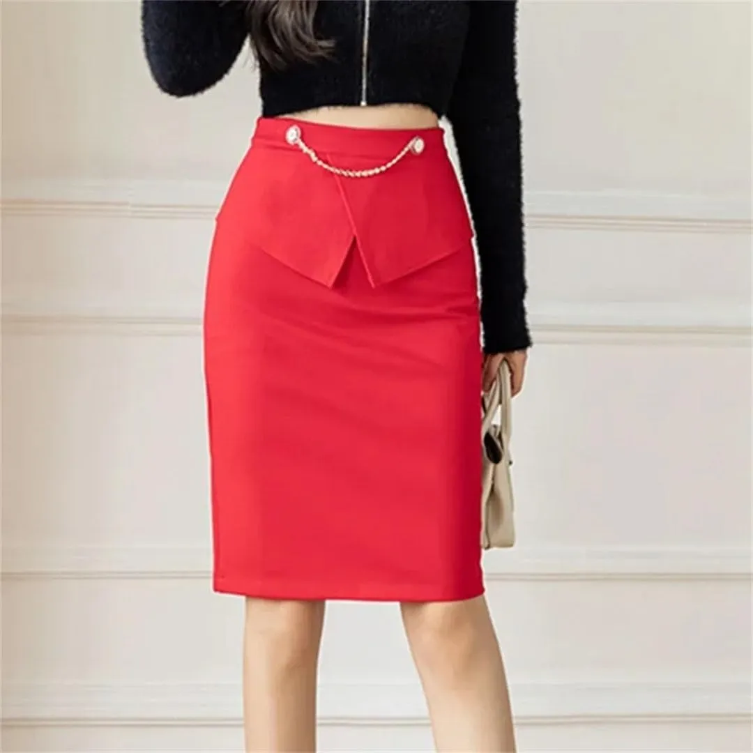 Elegant Womens Korean Fashion High Waist Sexy Skirt Winter Streetwear Mid Length Skirt