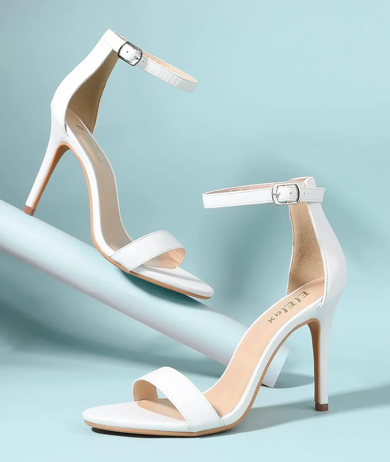 ElElax Black White Gold Heels for Women 4 Inches, Stiletto Heels Ankle Strap Heeled Sandals for Dressy Wedding Party
