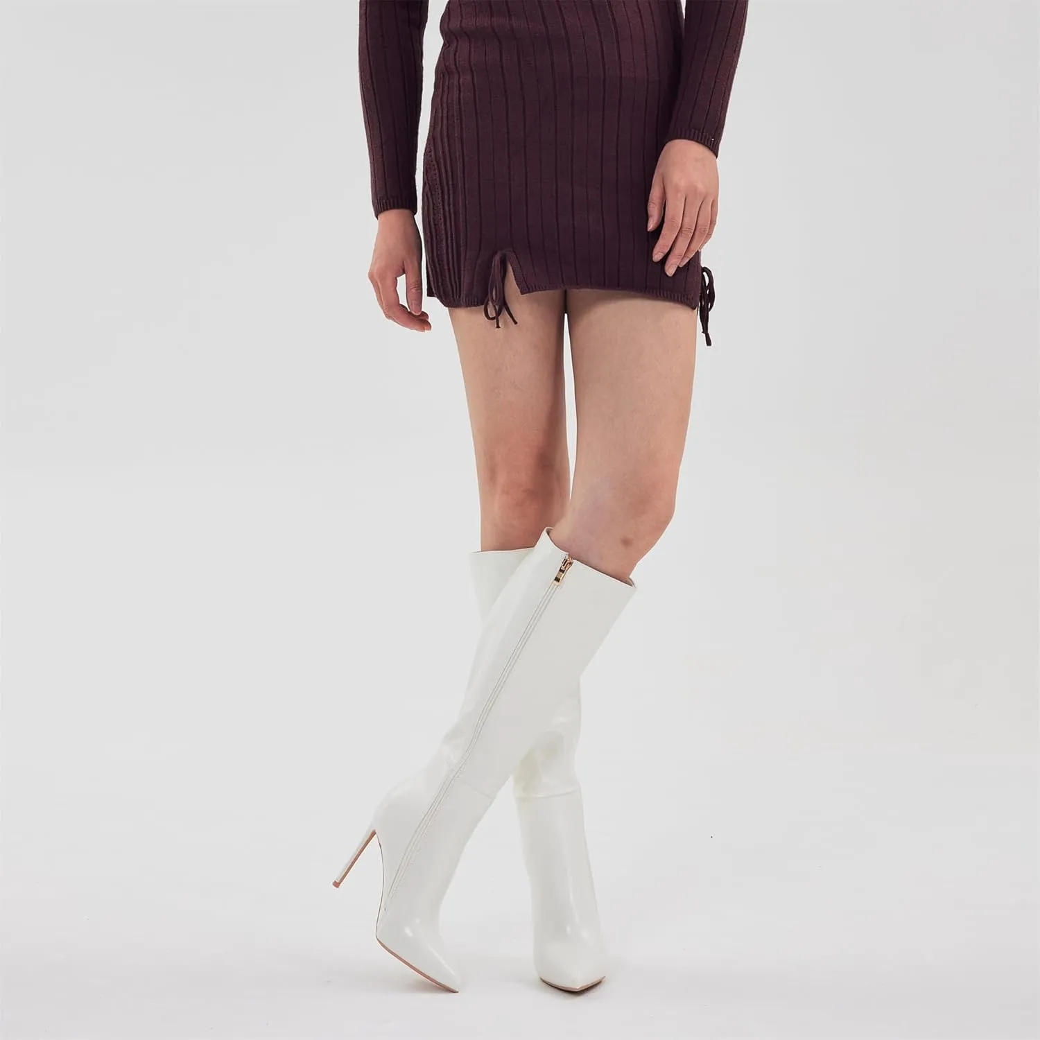 Elisabet Tang 4 inch Women's Knee High Long Boots, Stiletto Tall Pointed Toe Heeled Boot Leather Suede Comfortable Sexy