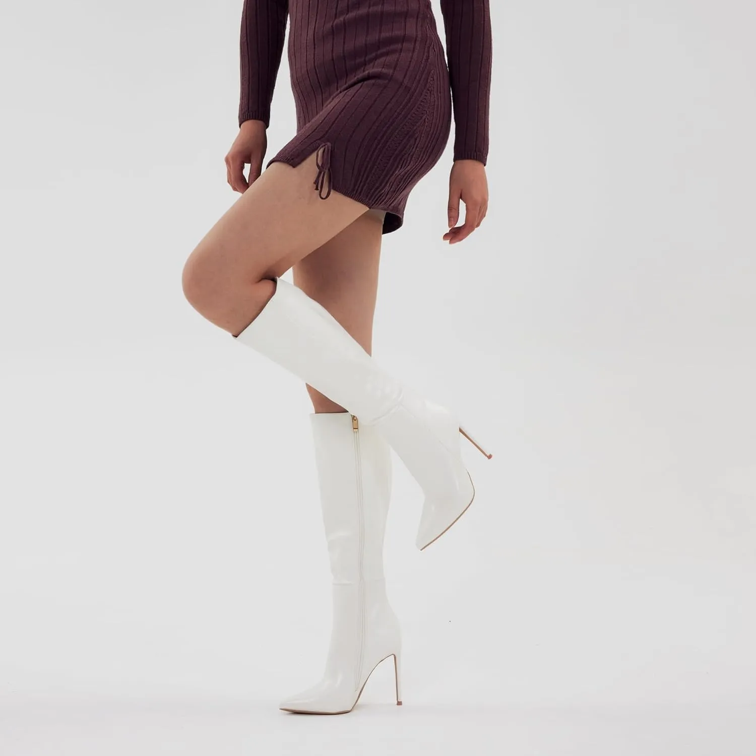 Elisabet Tang 4 inch Women's Knee High Long Boots, Stiletto Tall Pointed Toe Heeled Boot Leather Suede Comfortable Sexy