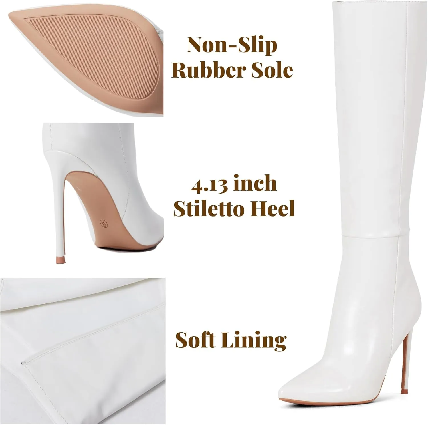Elisabet Tang 4 inch Women's Knee High Long Boots, Stiletto Tall Pointed Toe Heeled Boot Leather Suede Comfortable Sexy