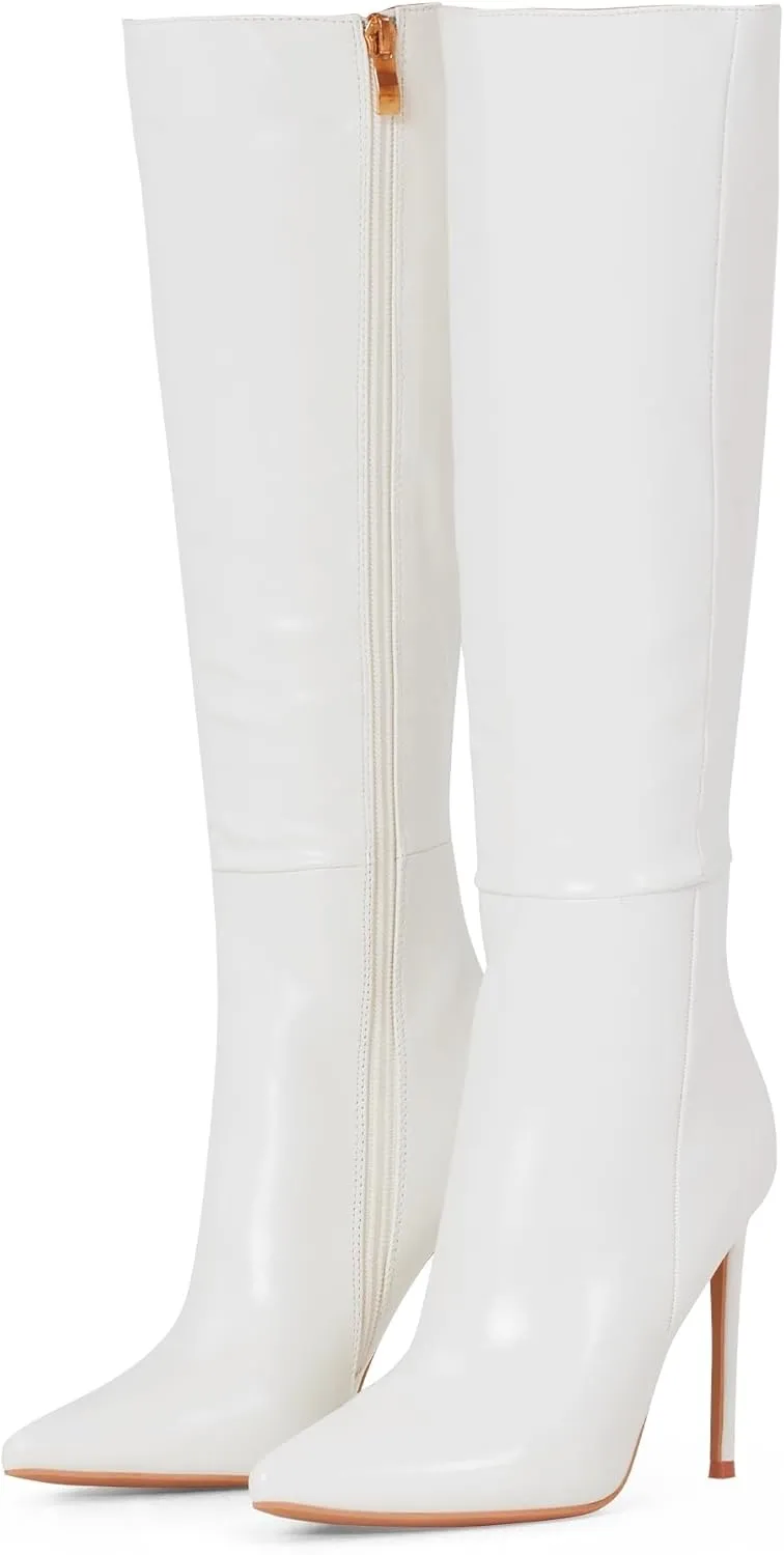 Elisabet Tang 4 inch Women's Knee High Long Boots, Stiletto Tall Pointed Toe Heeled Boot Leather Suede Comfortable Sexy