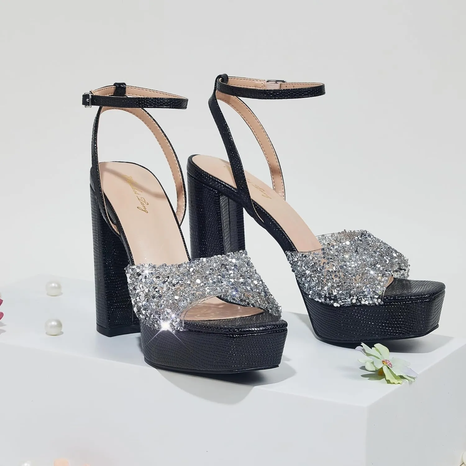 Elisabet Tang 4IN rhinstone square toe platform strappy chunky block dressy heeled sandals sparkly Lizard pattern leather heels for evening prom