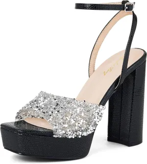 Elisabet Tang 4IN rhinstone square toe platform strappy chunky block dressy heeled sandals sparkly Lizard pattern leather heels for evening prom