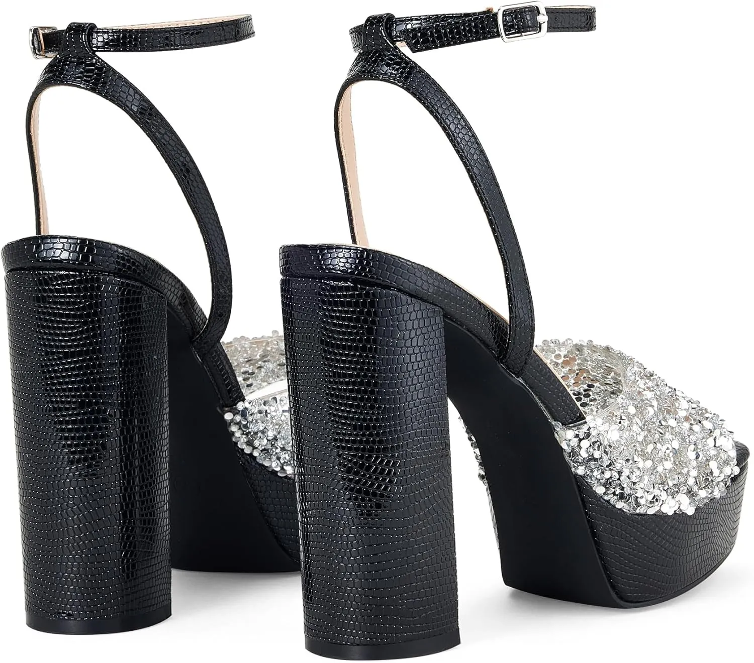 Elisabet Tang 4IN rhinstone square toe platform strappy chunky block dressy heeled sandals sparkly Lizard pattern leather heels for evening prom