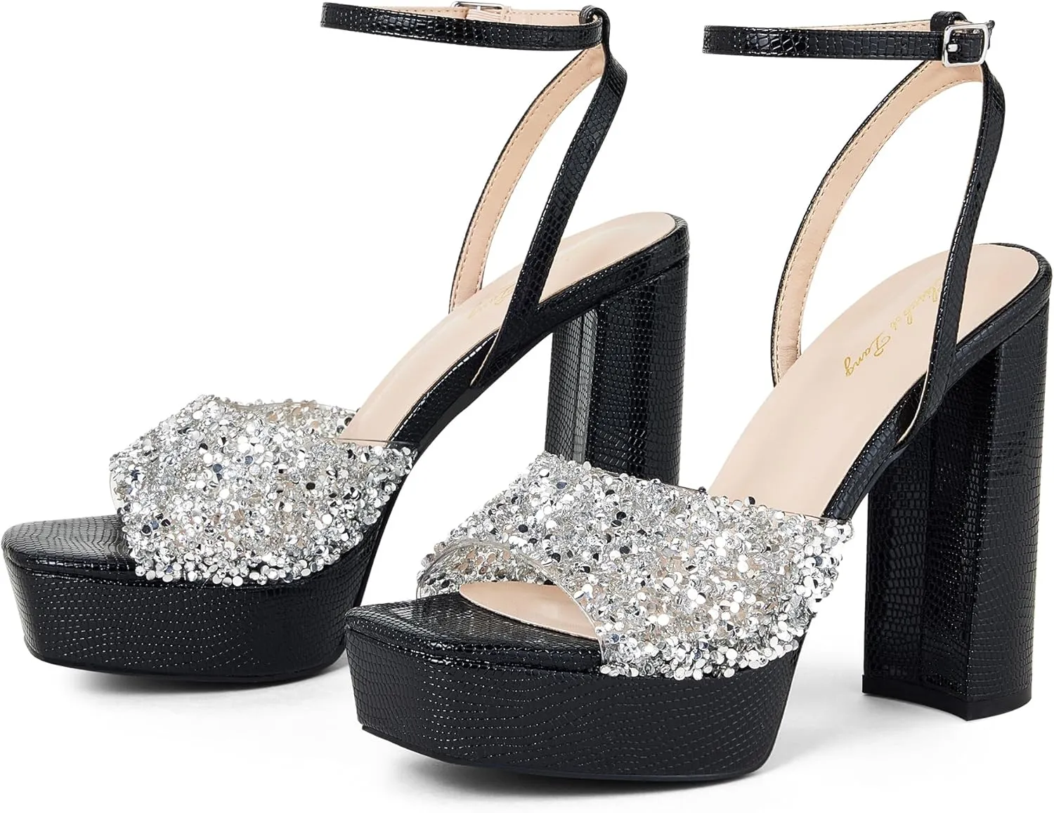 Elisabet Tang 4IN rhinstone square toe platform strappy chunky block dressy heeled sandals sparkly Lizard pattern leather heels for evening prom