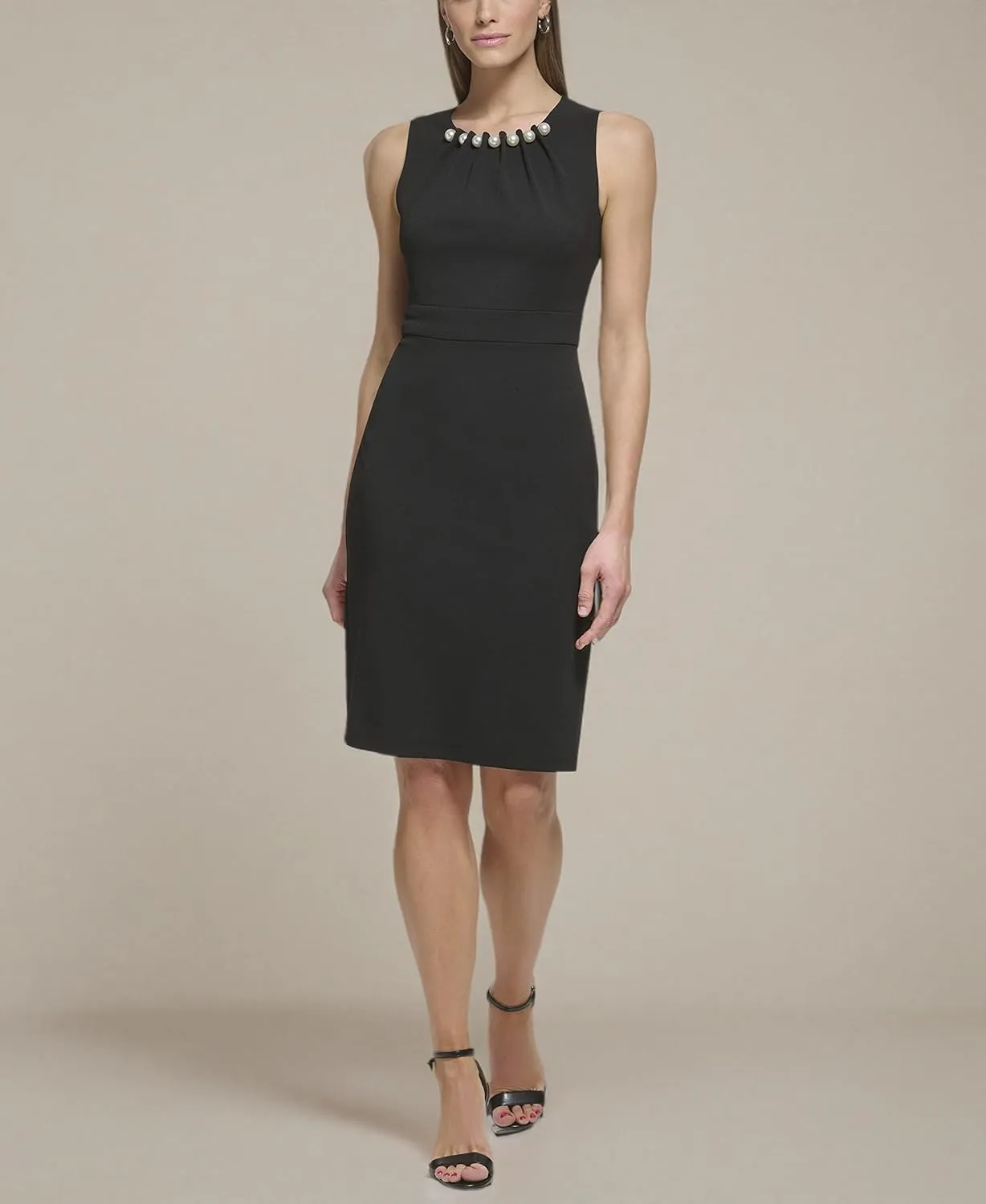 Eliza J Women's Style with Pearl Neckline Knit Sleeveless Crewneck Dress