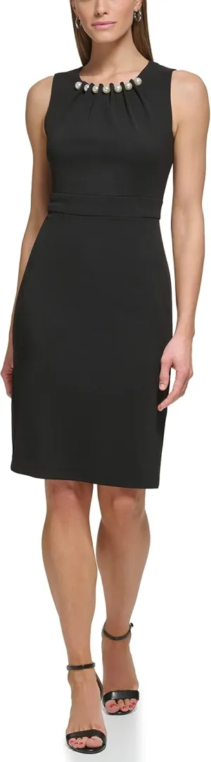 Eliza J Women's Style with Pearl Neckline Knit Sleeveless Crewneck Dress
