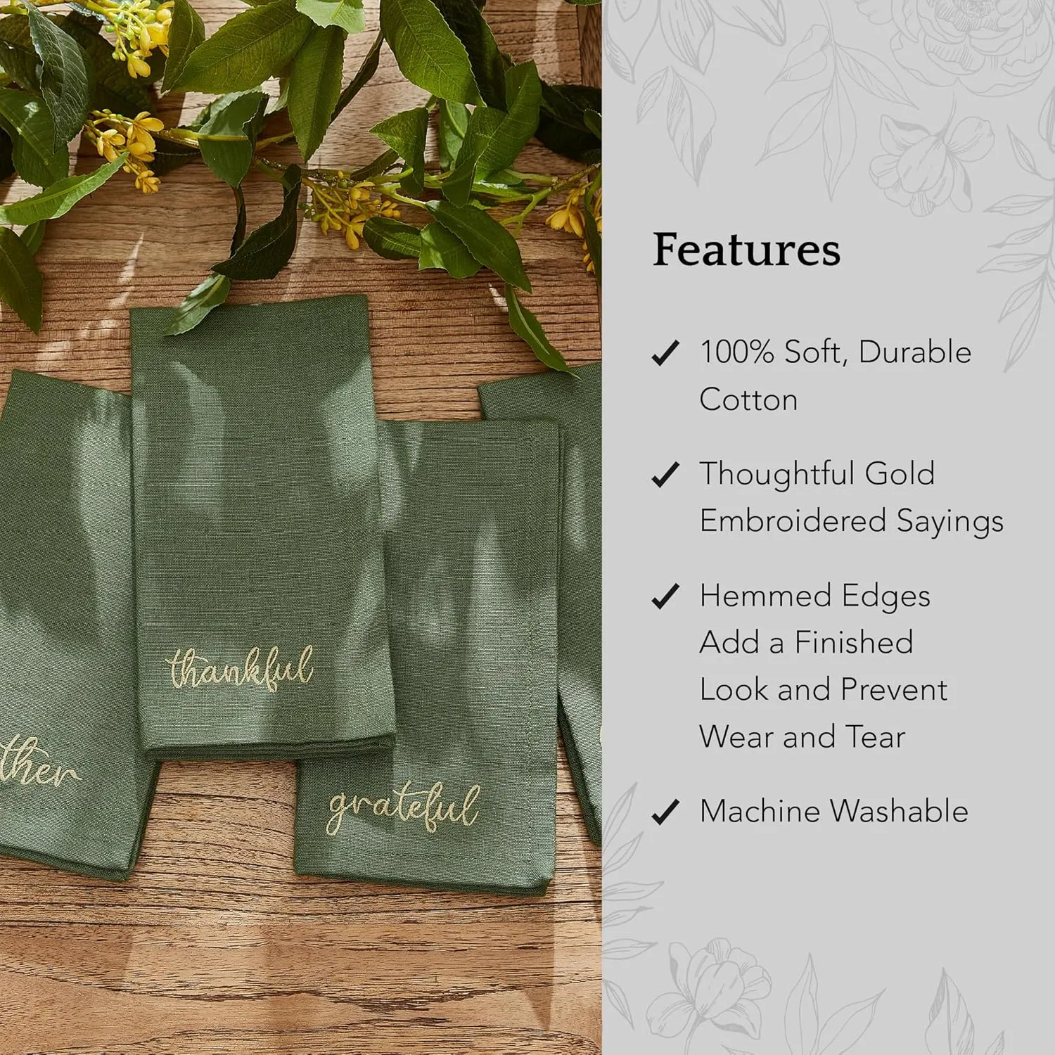 Elrene Home Fashions Harvest Fall Sentiment Embroidered Napkins, Set of 4, 17"x17", Green