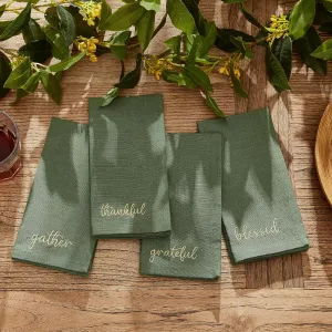 Elrene Home Fashions Harvest Fall Sentiment Embroidered Napkins, Set of 4, 17"x17", Green