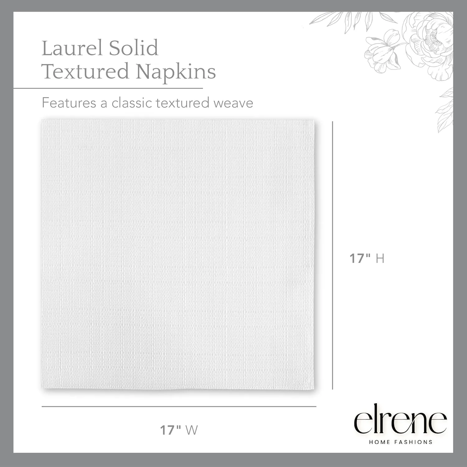 Elrene Home Fashions Laurel Solid Texture Water and Stain Resistant Fabric Dining Napkins, Set of 4, 17"x17", White