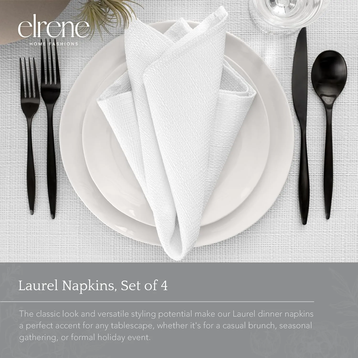 Elrene Home Fashions Laurel Solid Texture Water and Stain Resistant Fabric Dining Napkins, Set of 4, 17"x17", White