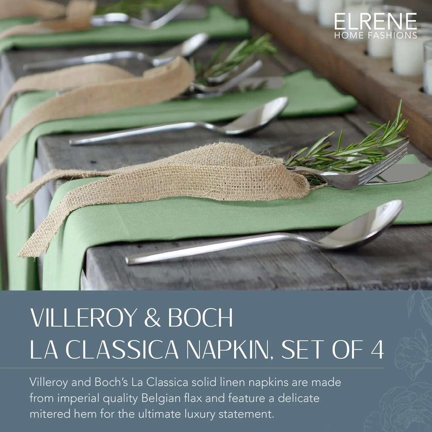 Elrene Home Fashions Villeroy & Boch La Classica Luxury Linen Fabric Napkin (Set of 4), 21"x21", Green