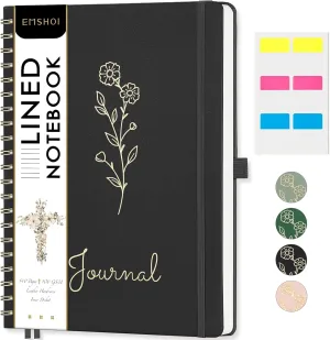 EMSHOI Spiral Bible Study Journal for Women Men - 110 Numbered Pages, 100gsm Lined Paper, A4 Hardcover Leather Floral Christian Notebook Journal for Note Taking, Prayer, Church Notes, 8.5x11, Black