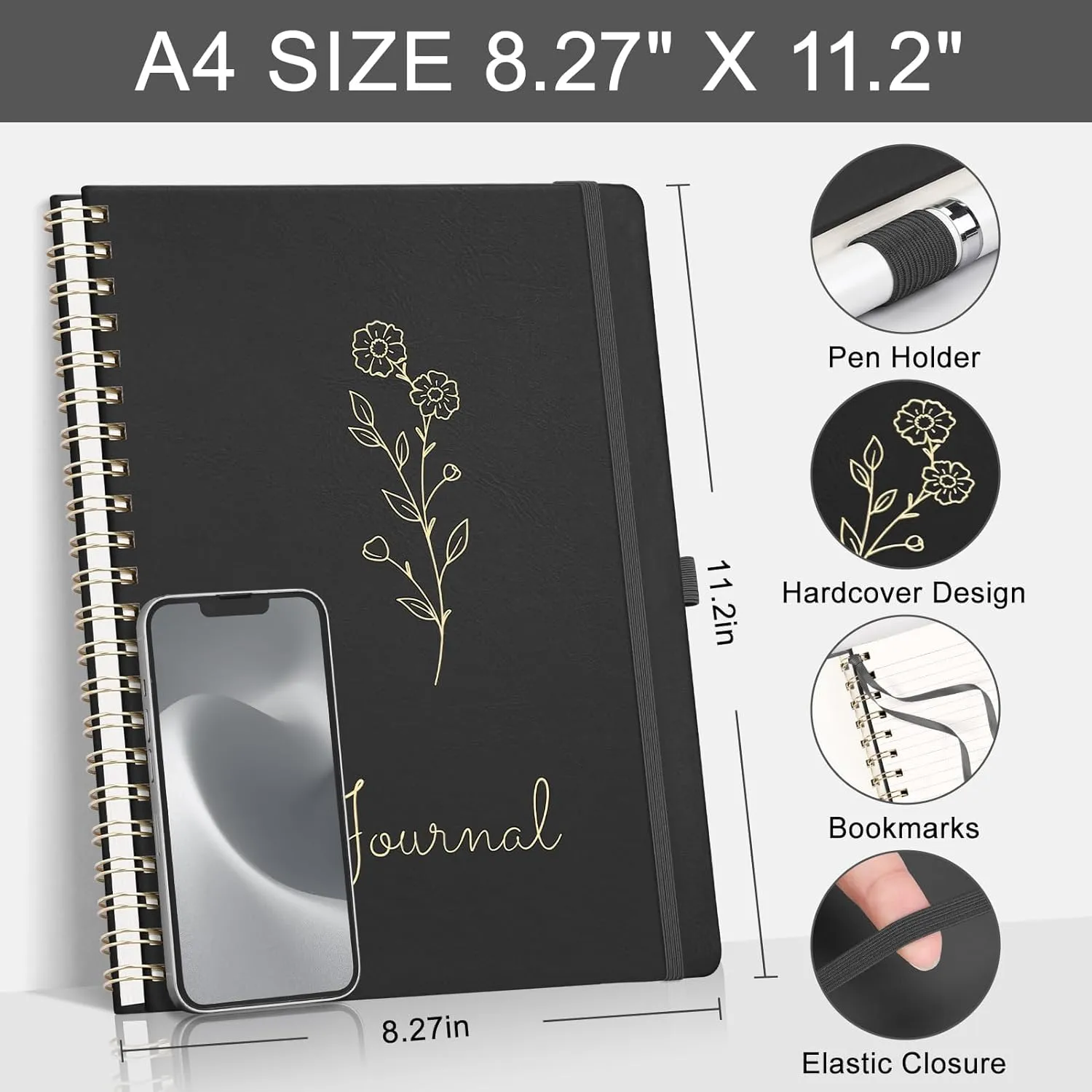 EMSHOI Spiral Bible Study Journal for Women Men - 110 Numbered Pages, 100gsm Lined Paper, A4 Hardcover Leather Floral Christian Notebook Journal for Note Taking, Prayer, Church Notes, 8.5x11, Black