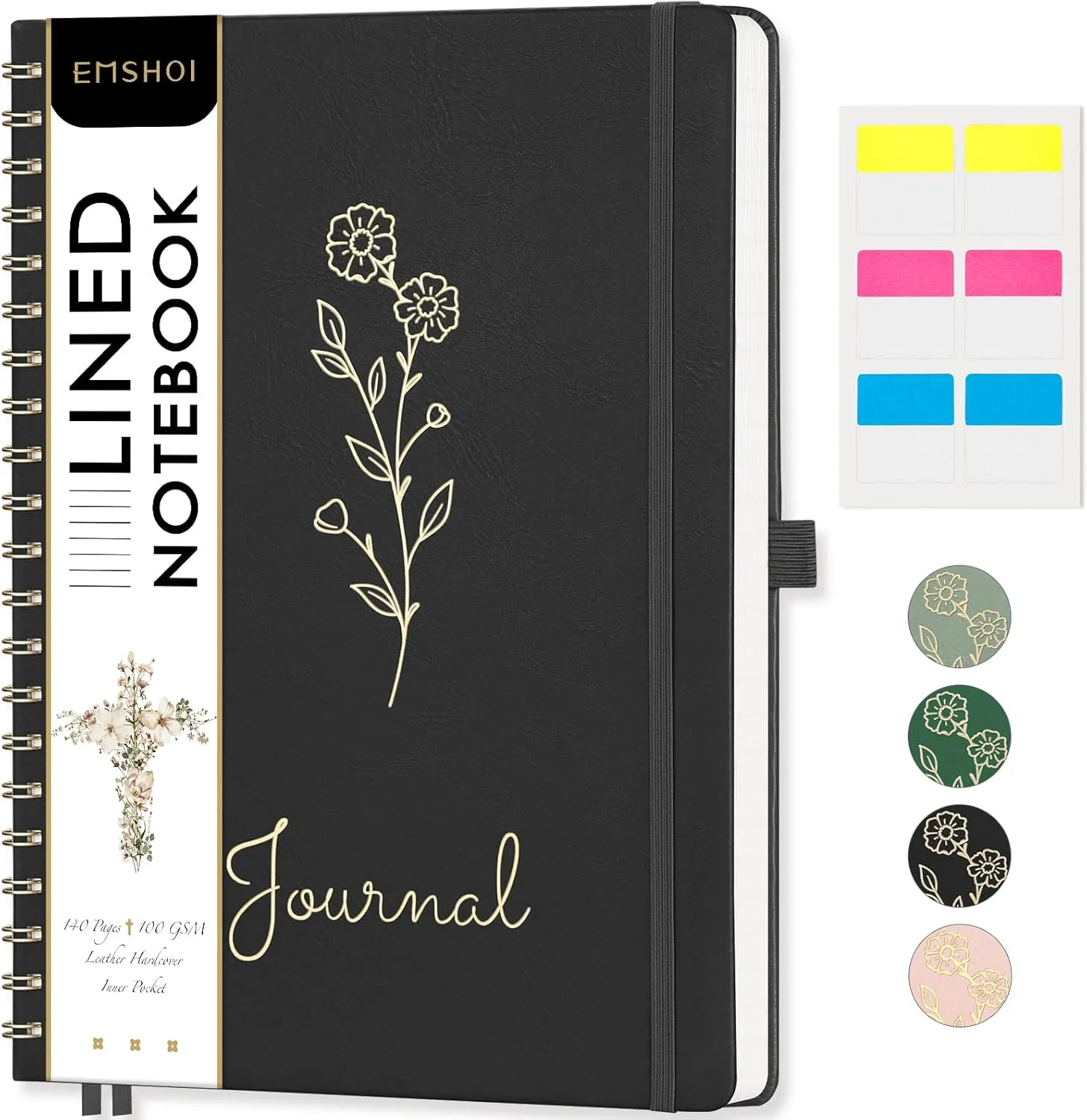 EMSHOI Spiral Bible Study Journal for Women Men - 110 Numbered Pages, 100gsm Lined Paper, A4 Hardcover Leather Floral Christian Notebook Journal for Note Taking, Prayer, Church Notes, 8.5x11, Black