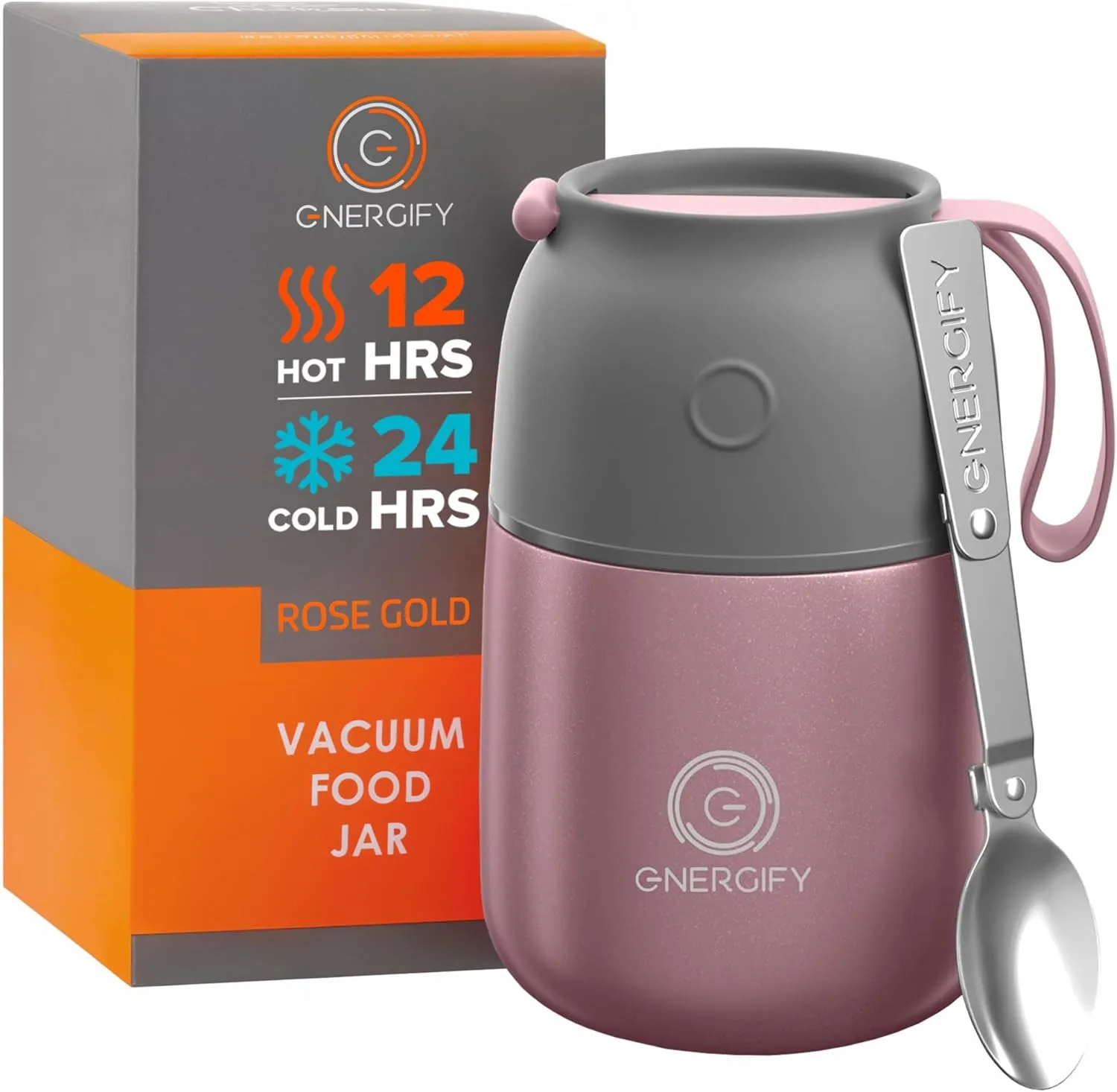 ENERGIFY Vacuum Insulated Food Jar Wide Mouth 17 Oz Soup with Folding Spoon - Lunch Containers for Kids & Adults - Leak Proof Stainless Steel for Hot Food Keep 12H and Cold 24H