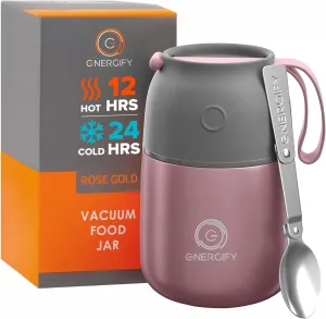 ENERGIFY Vacuum Insulated Food Jar Wide Mouth 17 Oz Soup with Folding Spoon - Lunch Containers for Kids & Adults - Leak Proof Stainless Steel for Hot Food Keep 12H and Cold 24H