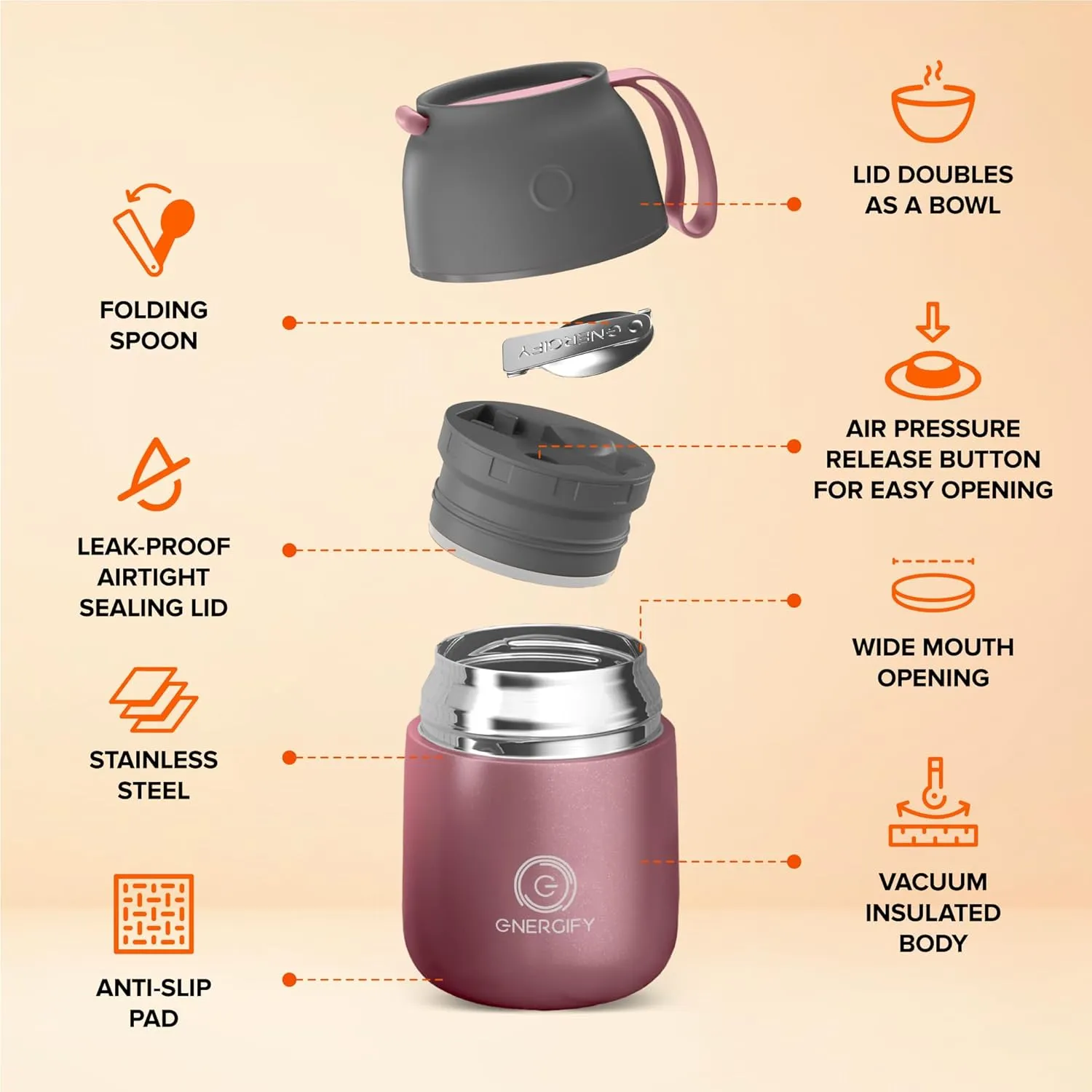 ENERGIFY Vacuum Insulated Food Jar Wide Mouth 17 Oz Soup with Folding Spoon - Lunch Containers for Kids & Adults - Leak Proof Stainless Steel for Hot Food Keep 12H and Cold 24H
